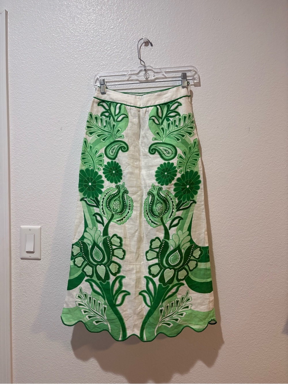 FARM Rio Cream color 100 linen Maxi Skirt with Green Floral Embroidery